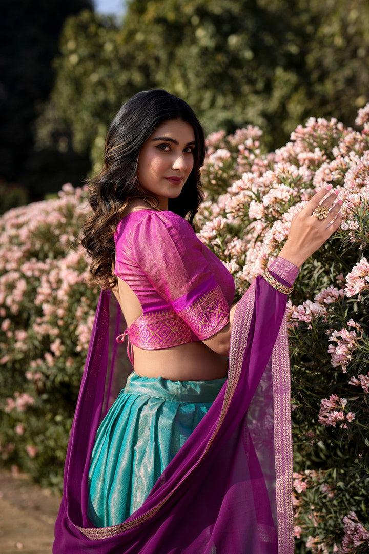 Beautiful South-style Kanchipuram silk lehenga choli in Sky Blue color, perfect for traditional Indian weddings and special occasions