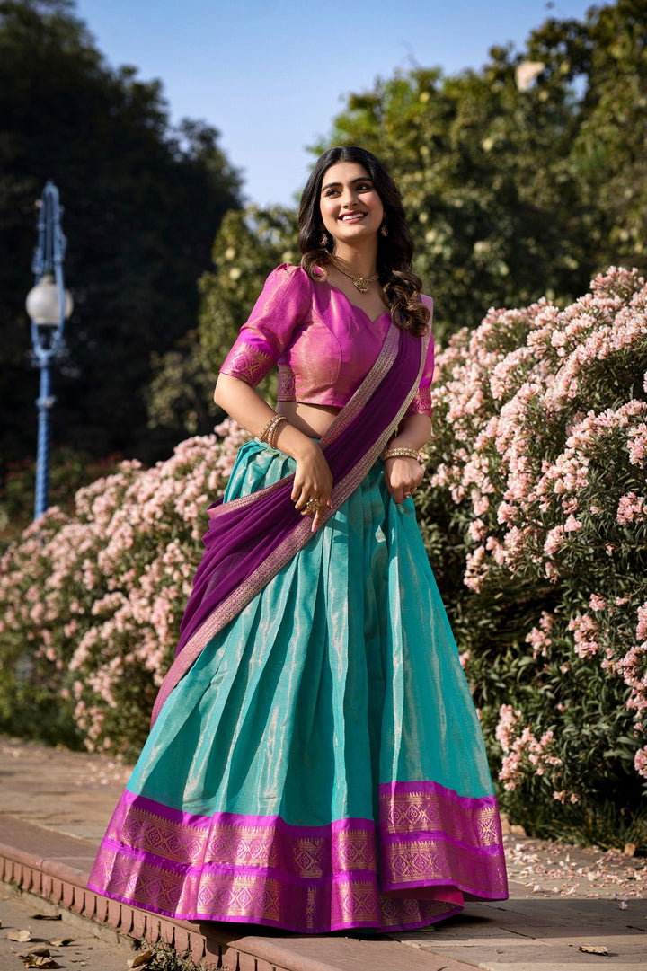 South-style Kanchipuram silk lehenga choli in Sky Blue Color