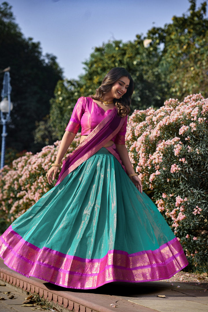 South-style Kanchipuram silk lehenga choli in Sky Blue Color