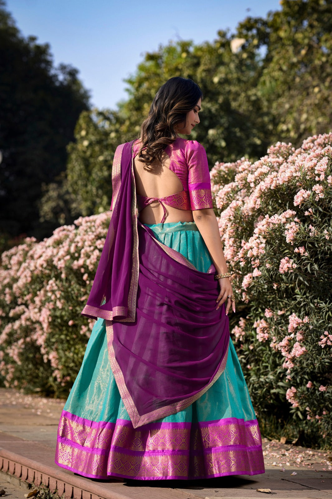 South-style Kanchipuram silk lehenga choli in Sky Blue Color