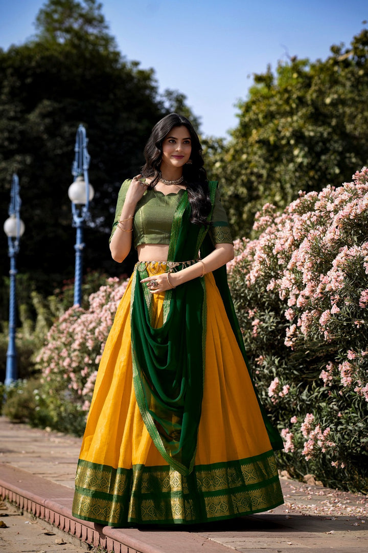 South-style Kanchipuram silk lehenga choli in Yellow Color