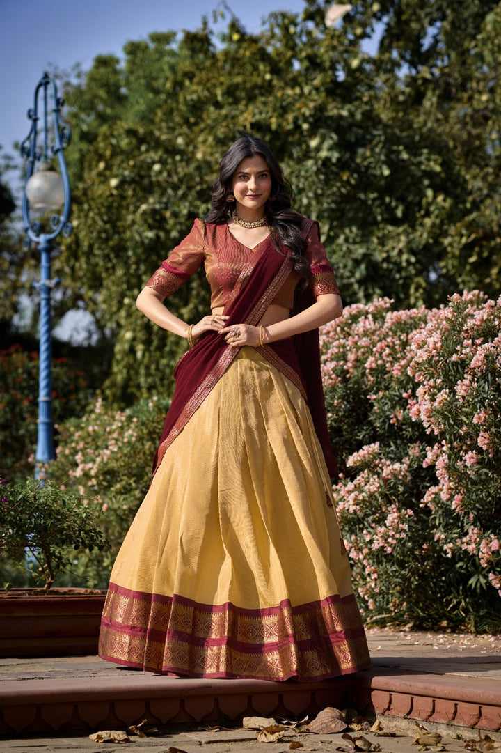 South-style Kanchipuram silk lehenga choli in Cream Color