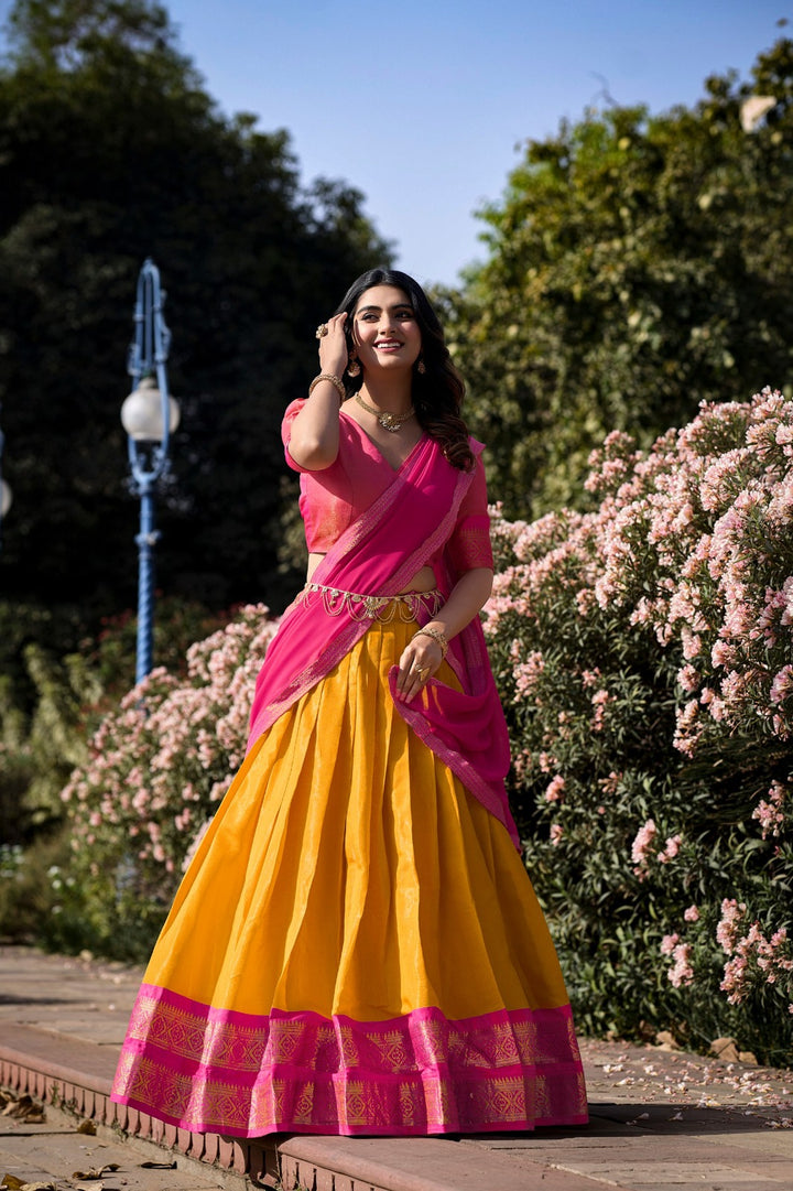 South-style Kanchipuram silk lehenga choli in Mustard Color