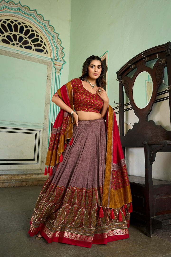 Breathtaking Tussar Silk Lehenga Choli Featuring Stunning Kashmiri Print In Dark Purple Color