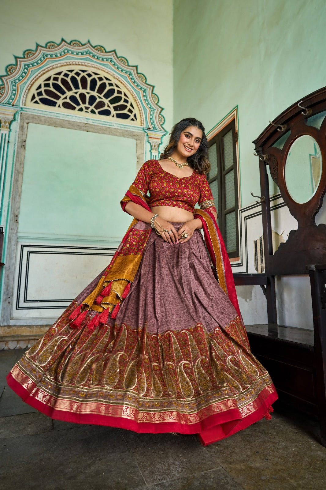 Breathtaking Tussar Silk Lehenga Choli Featuring Stunning Kashmiri Print In Dark Purple Color