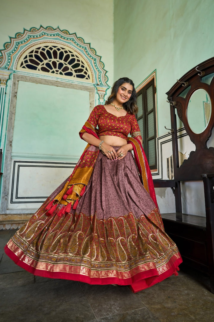 Breathtaking Tussar Silk Lehenga Choli Featuring Stunning Kashmiri Print In Dark Purple Color