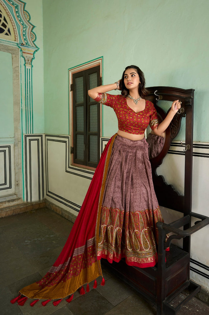 Breathtaking Tussar Silk Lehenga Choli Featuring Stunning Kashmiri Print In Dark Purple Color