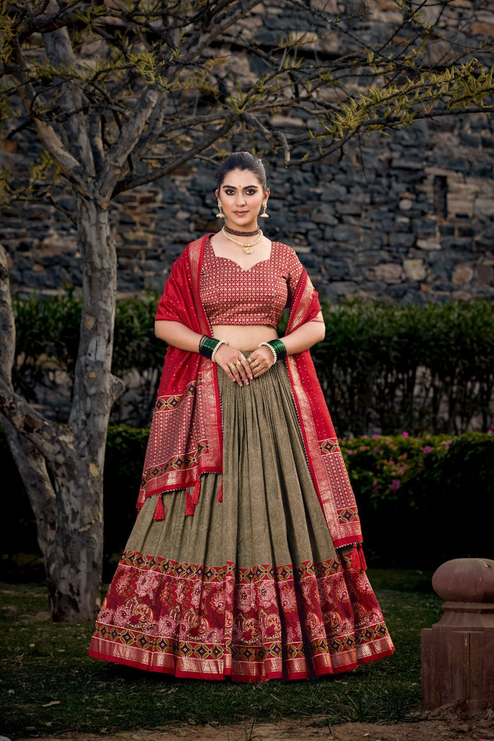 Unleash Your Inner Diva with This Tussar Silk Printed Lehenga Choli in Maroon Color