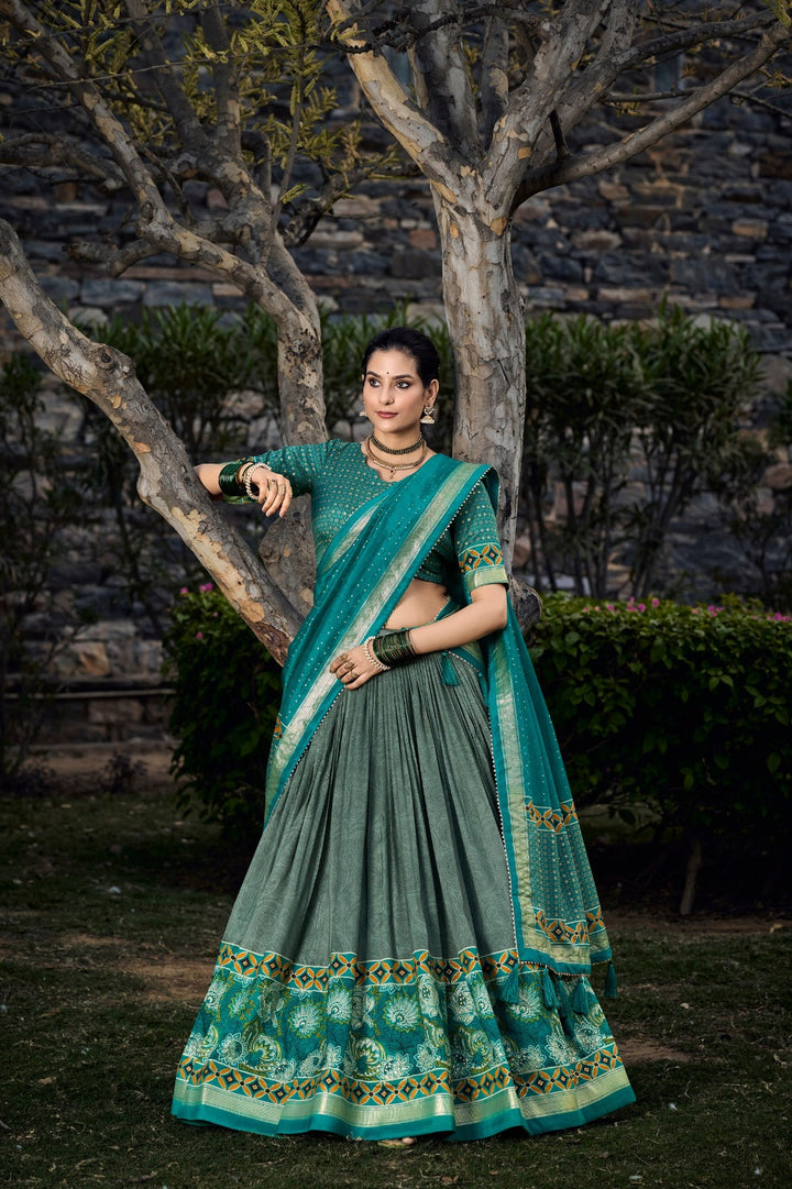 Unleash Your Inner Diva with This Tussar Silk Printed Lehenga Choli in Sea Green Color