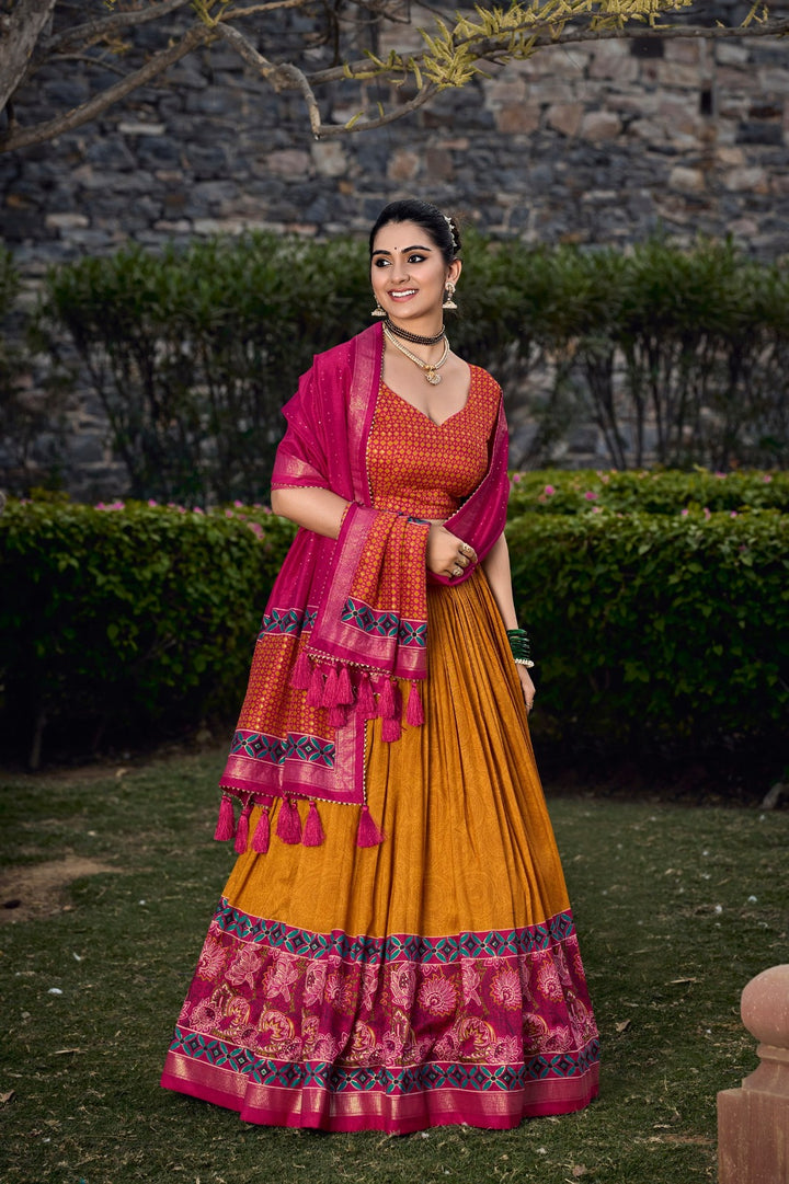 Unleash Your Inner Diva with This Tussar Silk Printed Lehenga Choli in Mustard Color