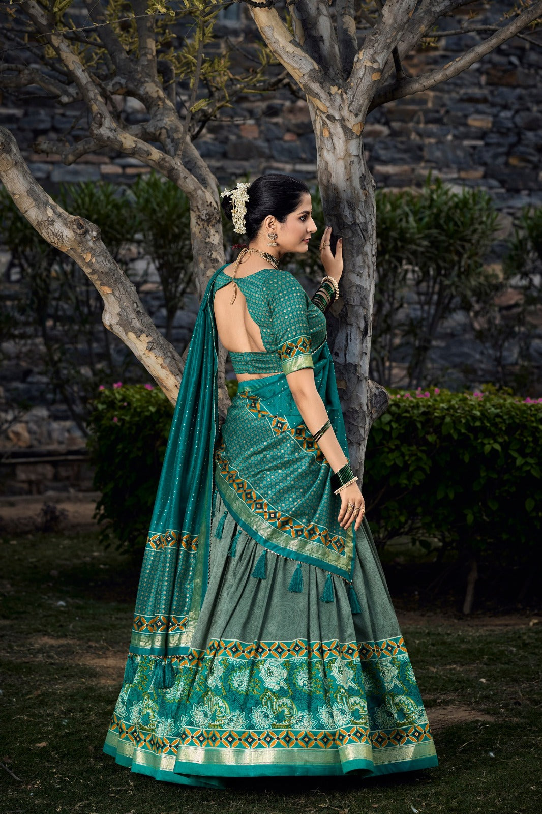 Unleash Your Inner Diva with This Tussar Silk Printed Lehenga Choli in Sea Green Color