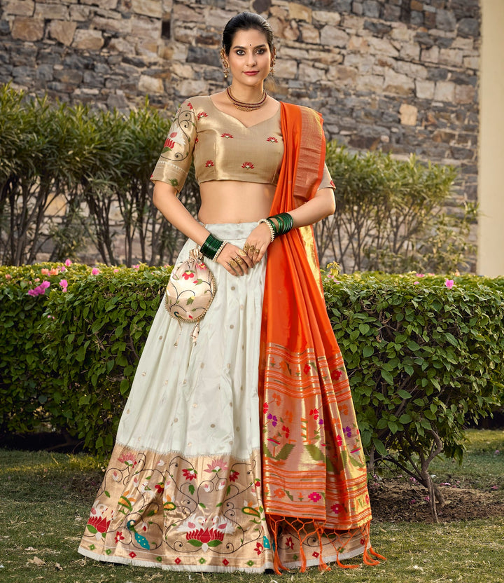 Beautiful white Jacquard Silk Paithani Lehenga Choli, perfect for captivating hearts and turning heads at any special occasion