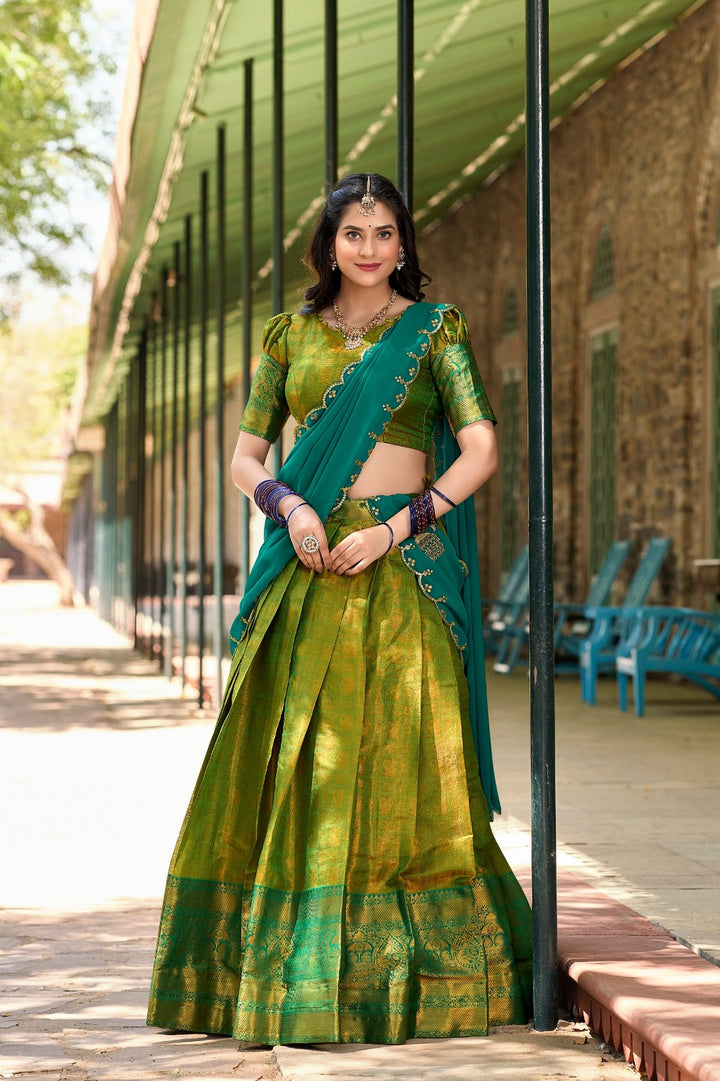 Kanjivaram silk in this regal lehenga choli in Parrot Color