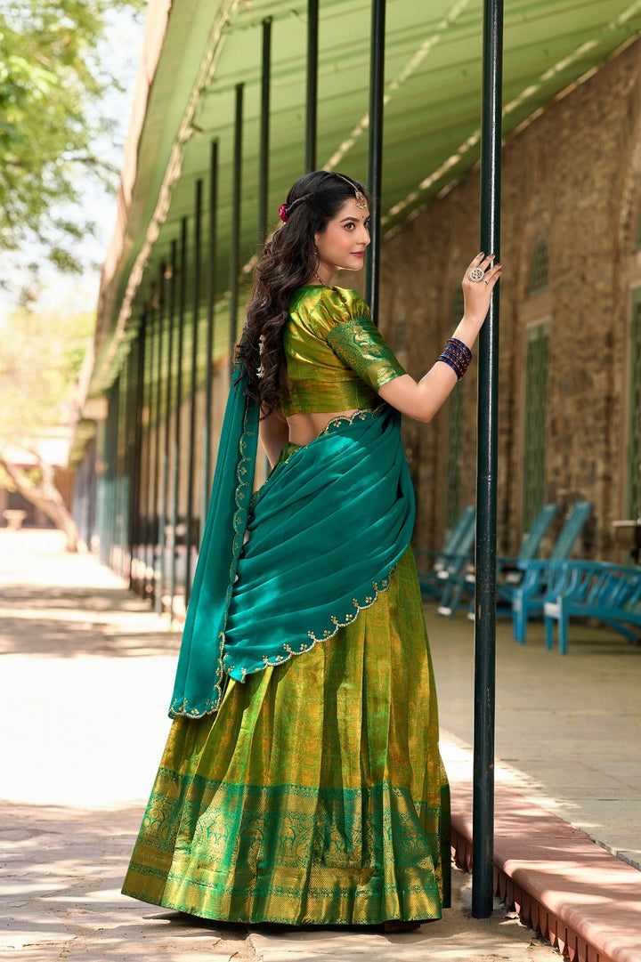 Kanjivaram silk in this regal lehenga choli in Parrot Color