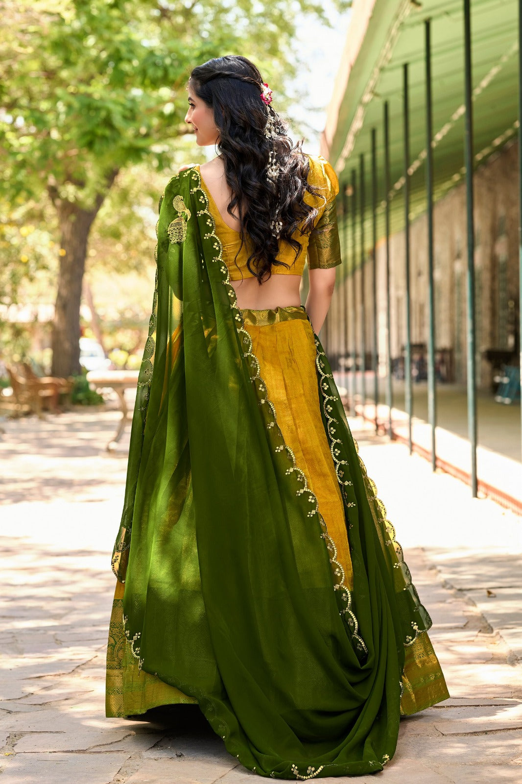 Traditional Indian Kanjivaram silk lehenga choli in vibrant Yellow Color