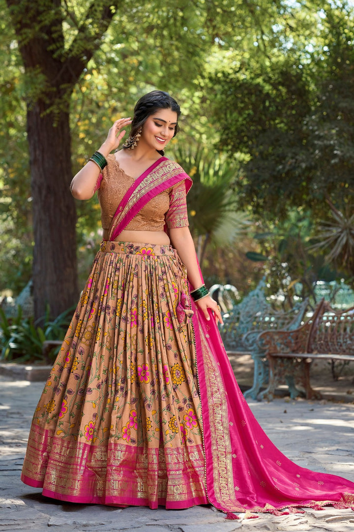 Kalamkari Tussar Silk With Foil Print Lehenga Choli in Mustard Color