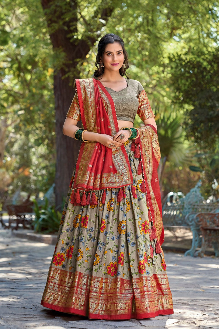 Beautiful Kalamkari Tussar Silk Lehenga Choli in Gray with Foil Print