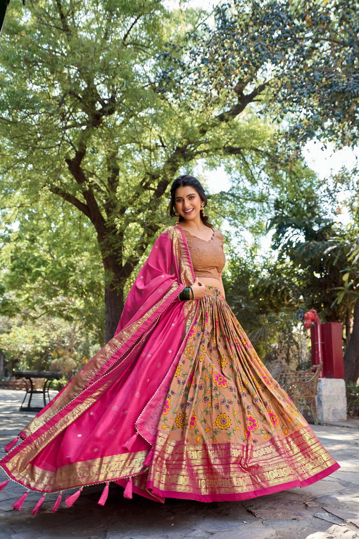 Kalamkari Tussar Silk With Foil Print Lehenga Choli in Mustard Color