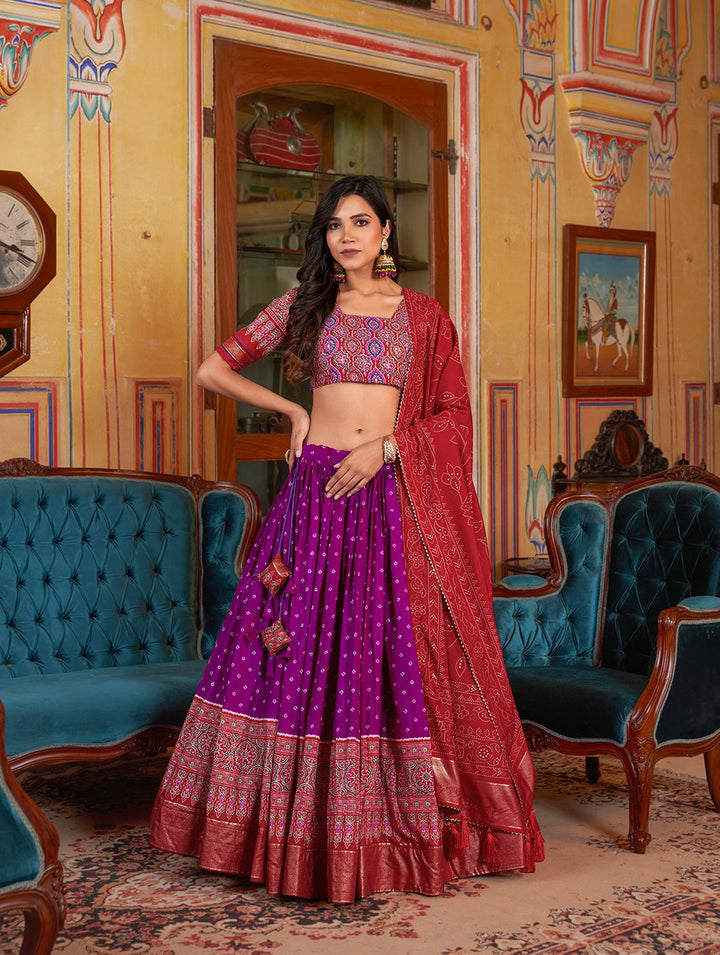 Bandhani And Ajarakh Print With Foil Work Lehenga Choli in Purple Color