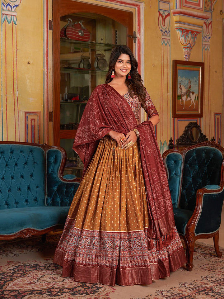 Bandhani and Ajarakh Print Lehenga Choli in dark orange color