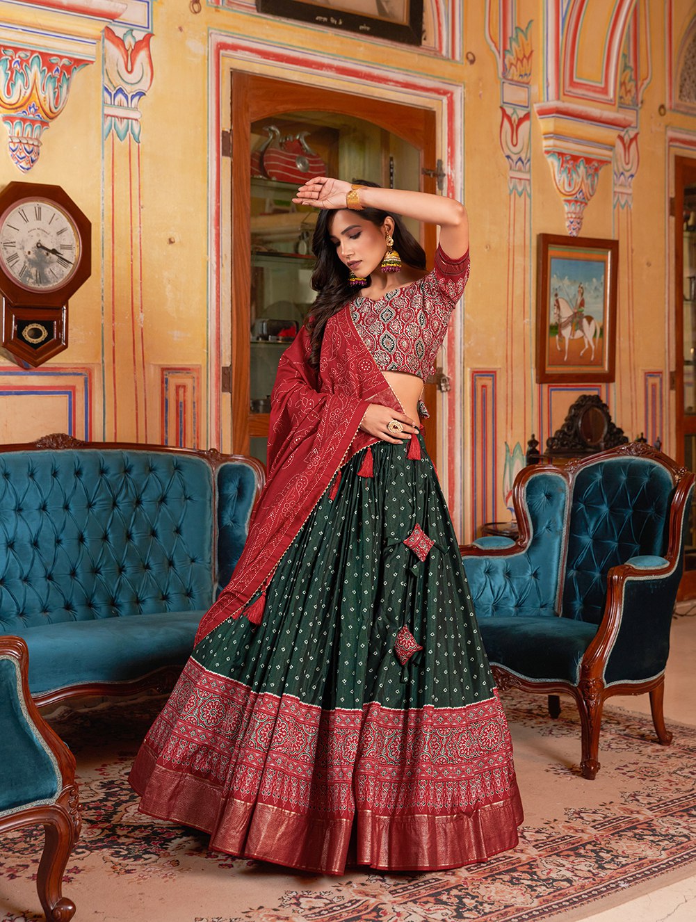 Alt text: Bandhani and Ajarakh Print With Foil Work Lehenga Choli in Green Color, traditional Indian outfit with intricate detailing and embellishments