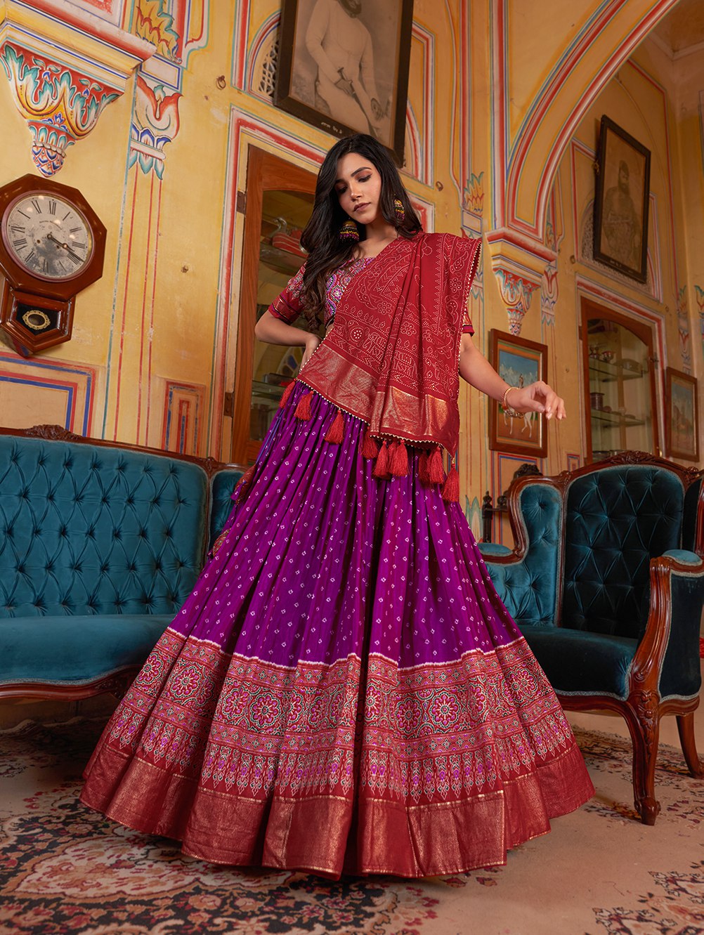 Bandhani And Ajarakh Print With Foil Work Lehenga Choli in Purple Color