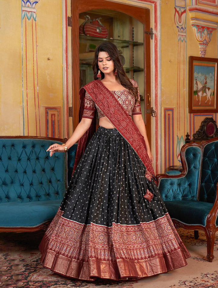 Bandhani And Ajarakh Print With Foil Work Lehenga Choli in Black Color