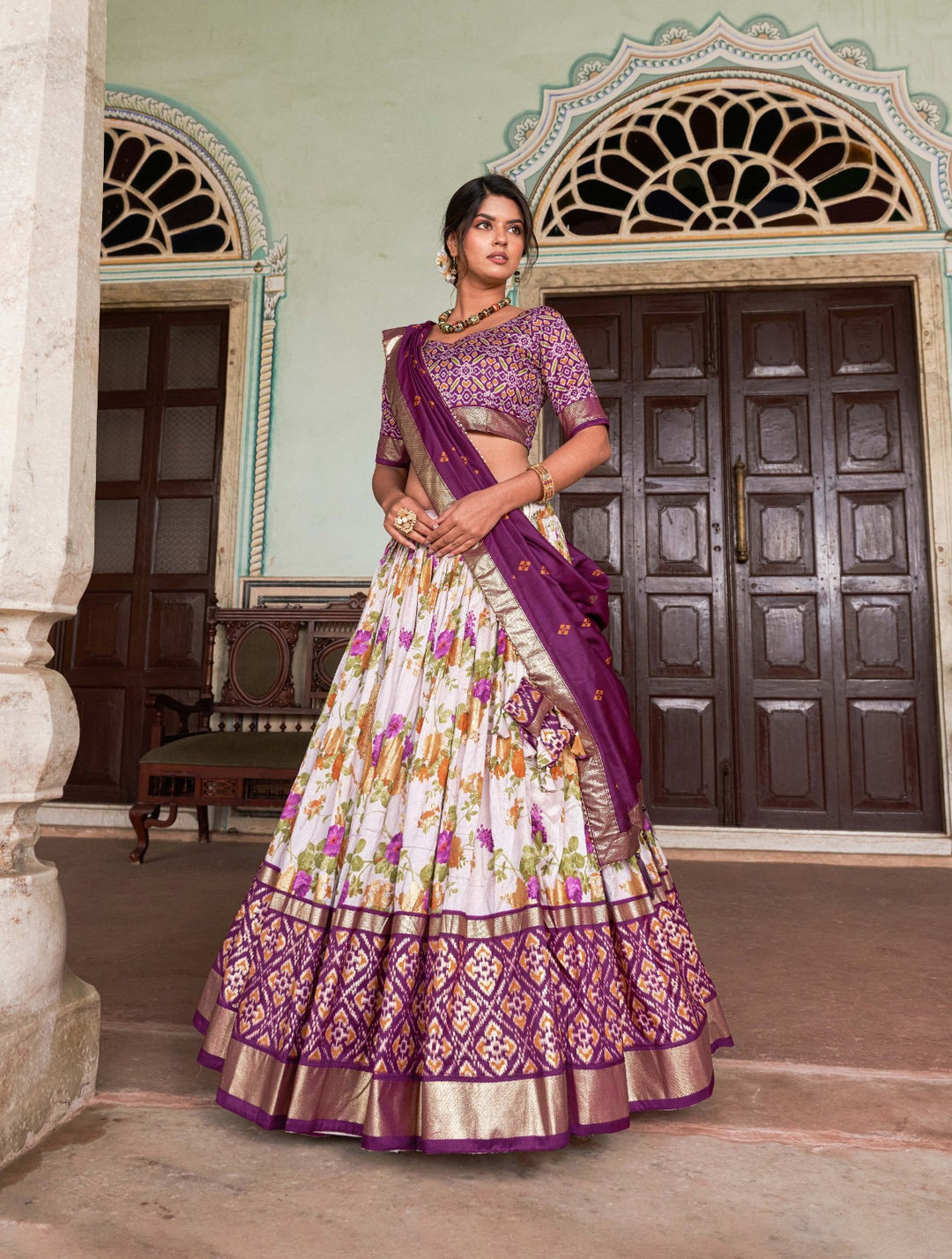 Floral And Patola Print With Foil Work Lehenga Choli in Wine Color