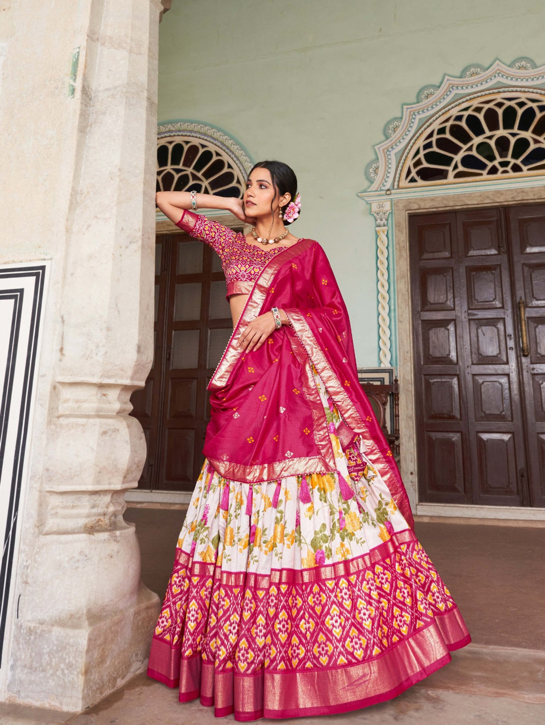 Beautiful pink lehenga choli with floral and patola print and foil work