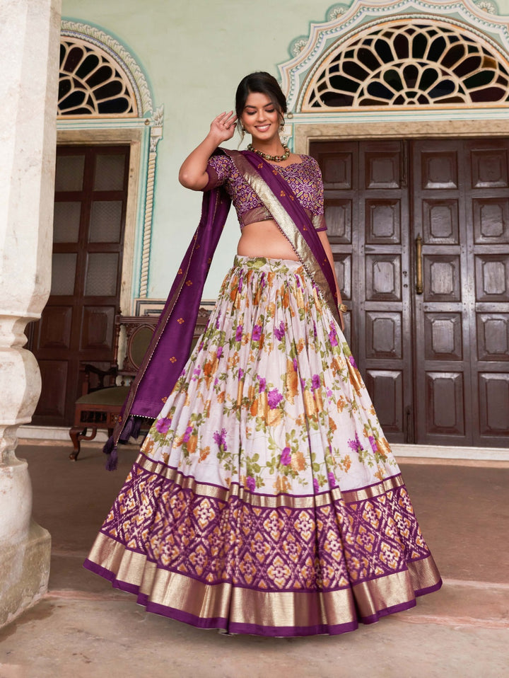 Floral And Patola Print With Foil Work Lehenga Choli in Wine Color