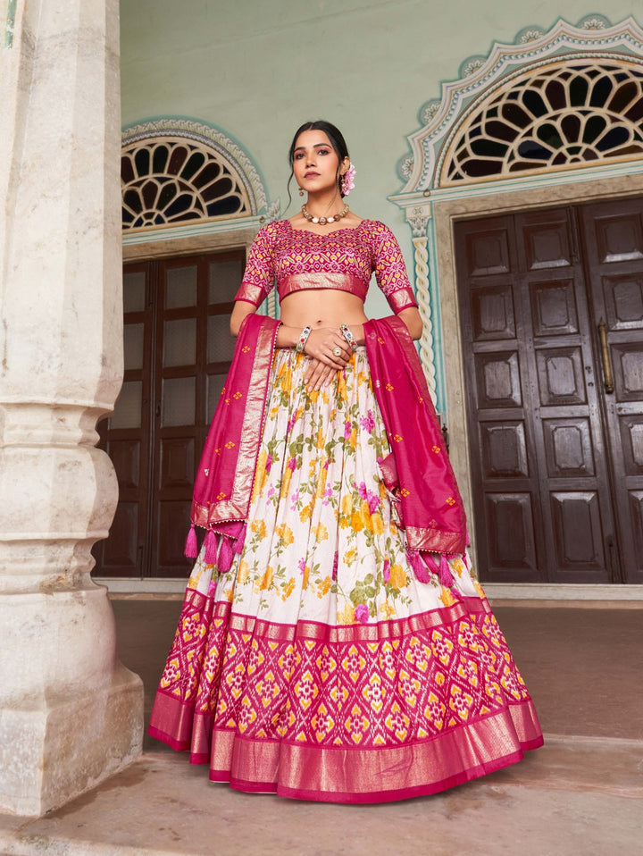 Floral and patola print lehenga choli with intricate foil work in pink color