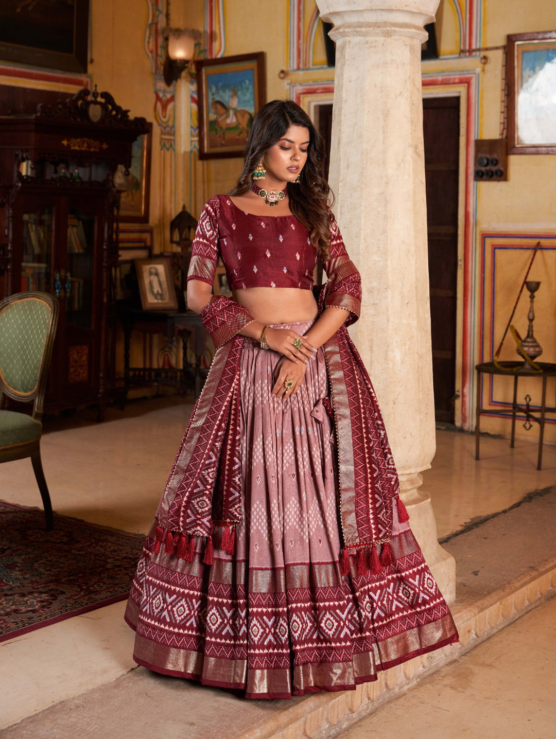 Tussar Silk Dot and Ikkat Print With foil work Lehenga Choli in Maroon Color