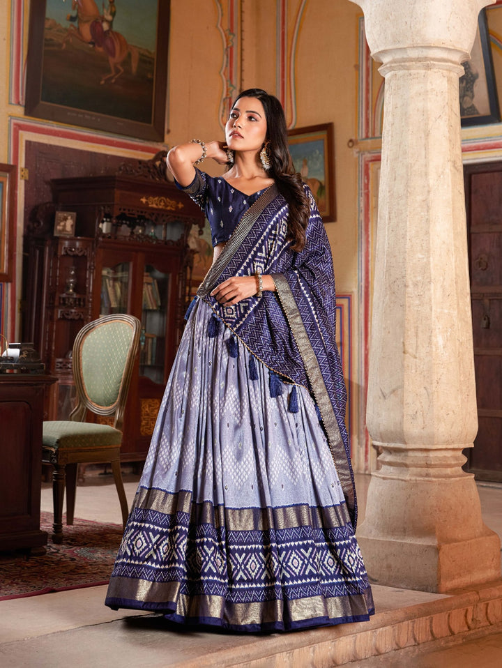 Tussar Silk Dot and Ikkat Print With foil work Lehenga Choli in Navy Blue Color