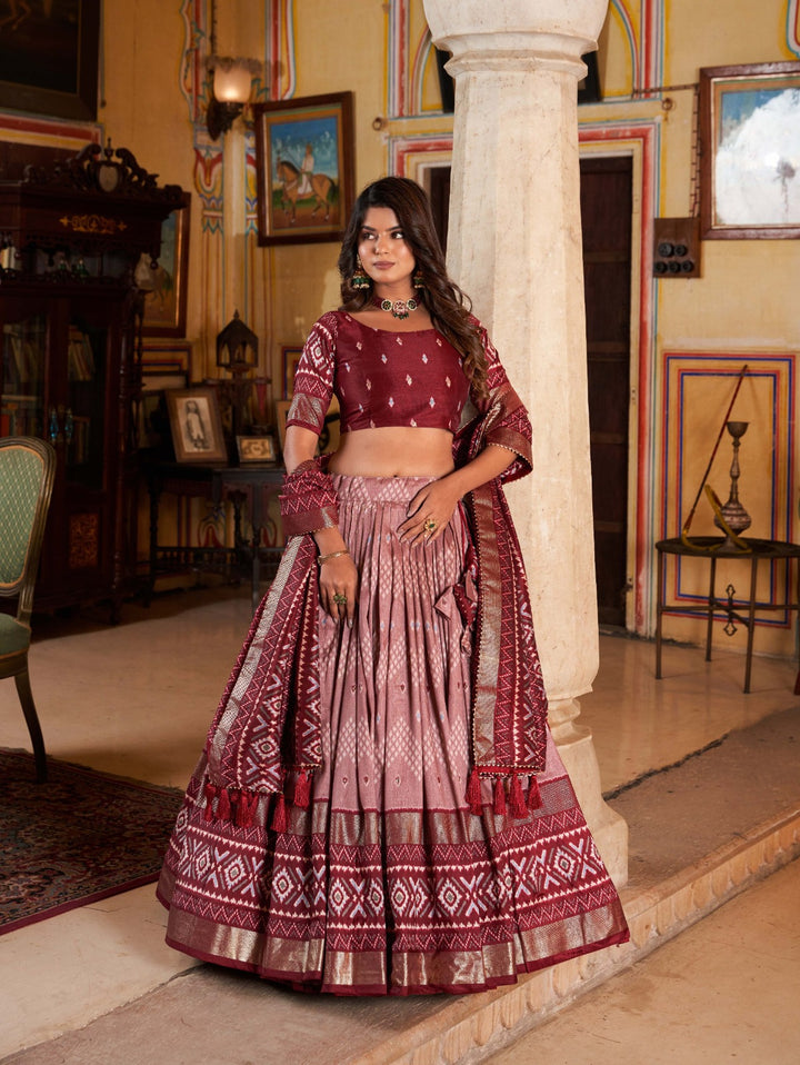 Tussar Silk Dot and Ikkat Print With foil work Lehenga Choli in Maroon Color