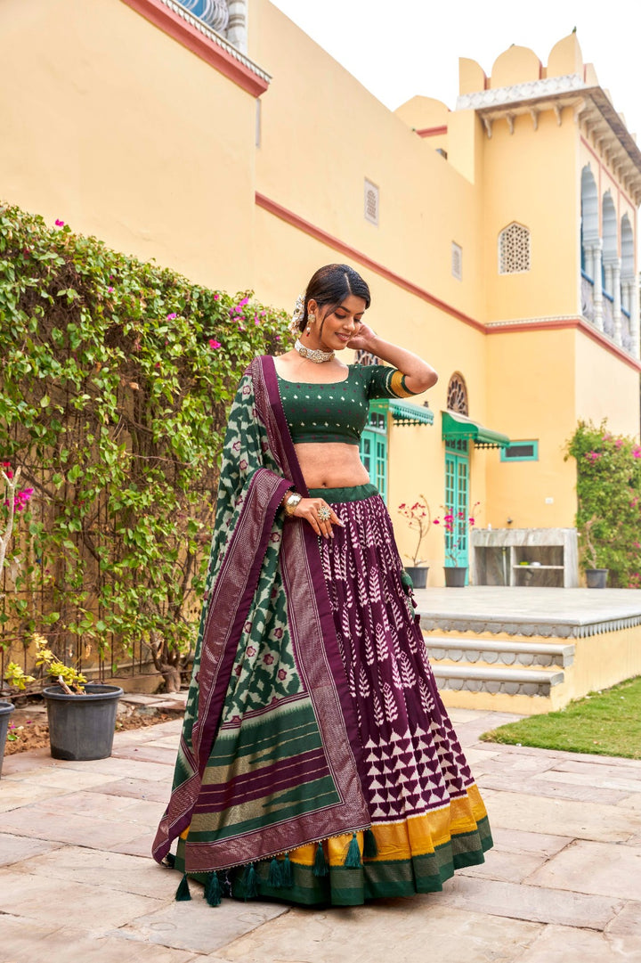 Adorned in printed Tusser silk lehenga choli in Wine Color