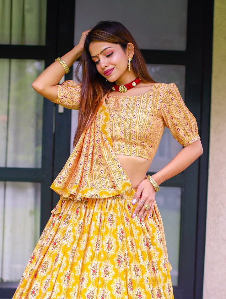 Chanderi Cotton Print with Foil Printed Lace Border Also Come With Tassels Lehenga Choli in Mustard Color