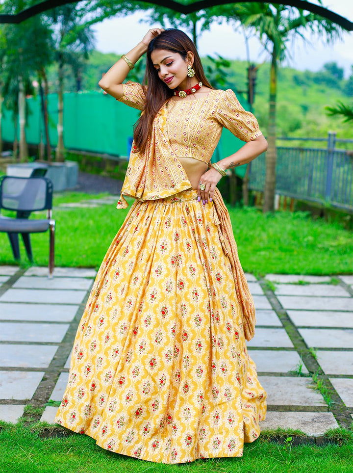 Chanderi Cotton Print with Foil Printed Lace Border Also Come With Tassels Lehenga Choli in Mustard Color