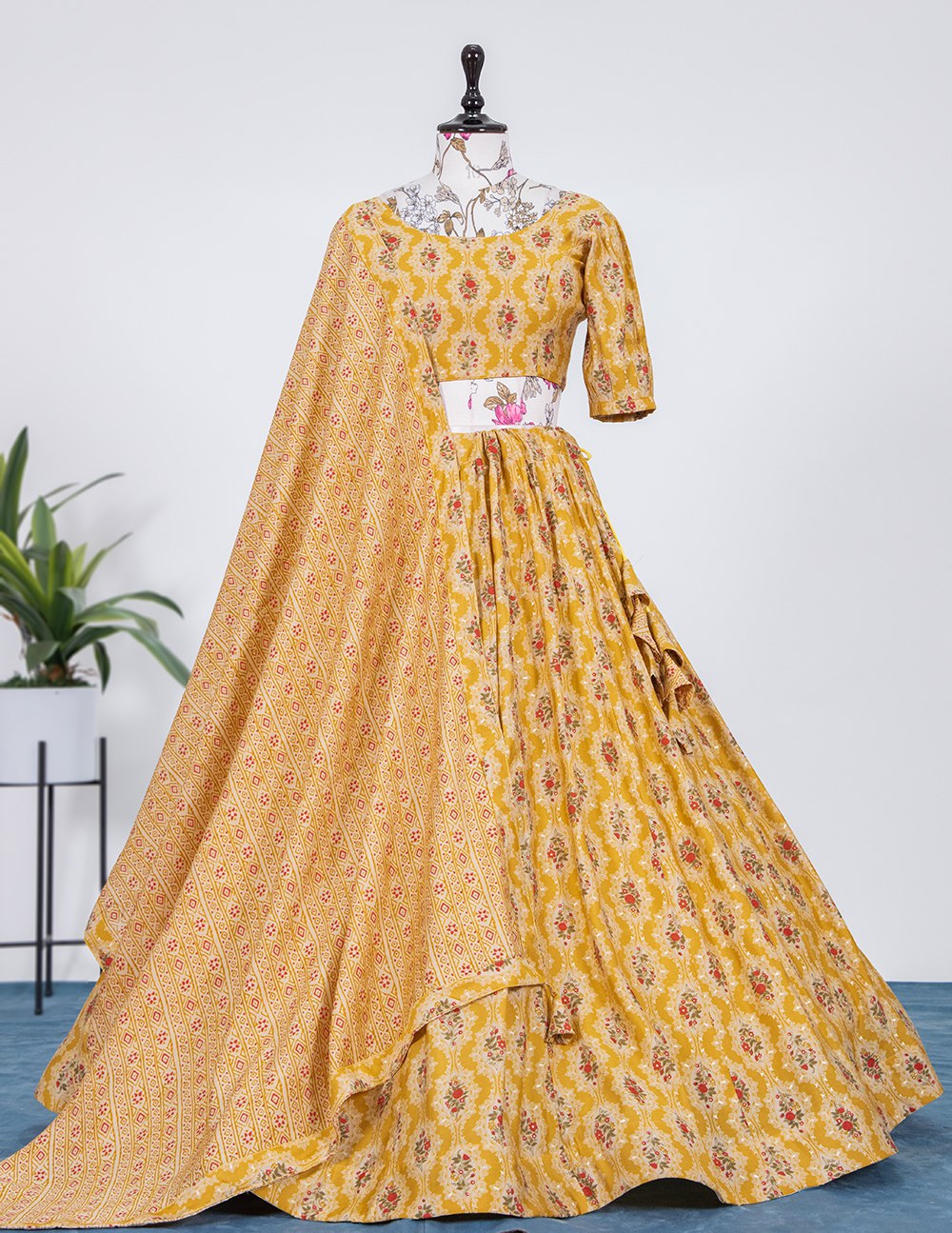 Chanderi Cotton Print with Foil Printed Lace Border Also Come With Tassels Lehenga Choli in Mustard Color