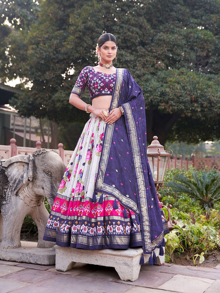 Tussar-silk-floral-and-patola-print-lehenga-choli-in-navy-blue-color