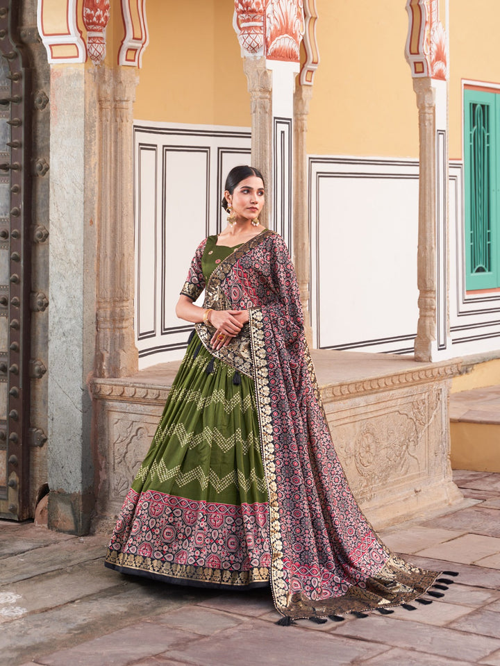 Tussar Silk Dot And Ajarakh With Foil Print Lehenga holi in Green Color