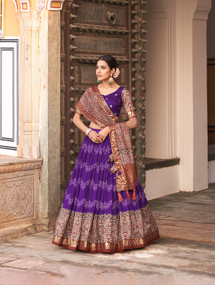 Tussar Silk Dot And Ajarakh With Foil Print Lehenga holi in Purple Color