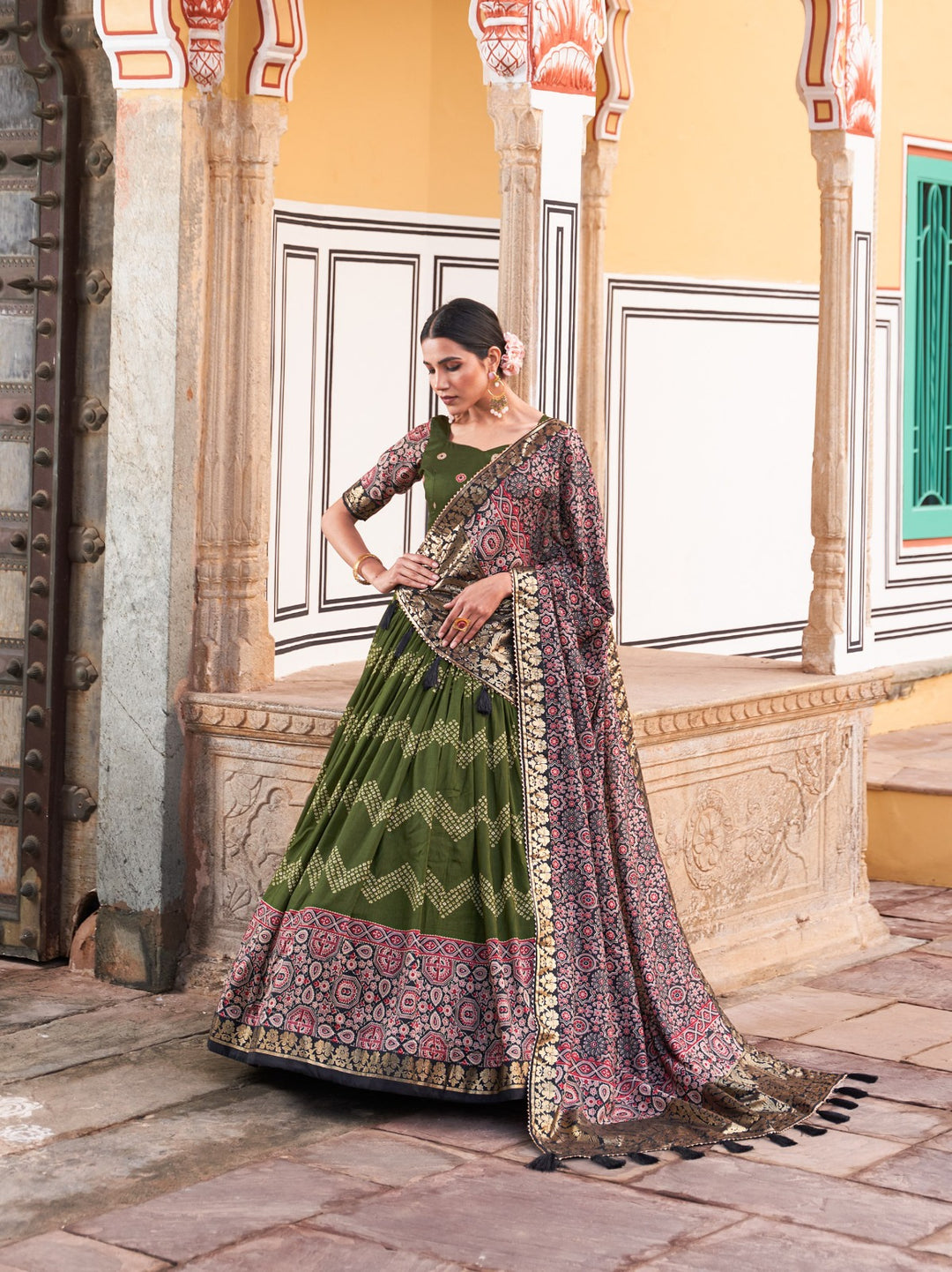 Tussar Silk Dot And Ajarakh With Foil Print Lehenga holi in Green Color