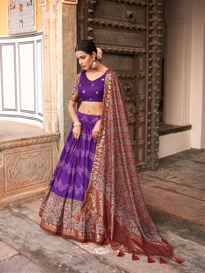 Tussar Silk Dot And Ajarakh With Foil Print Lehenga holi in Purple Color