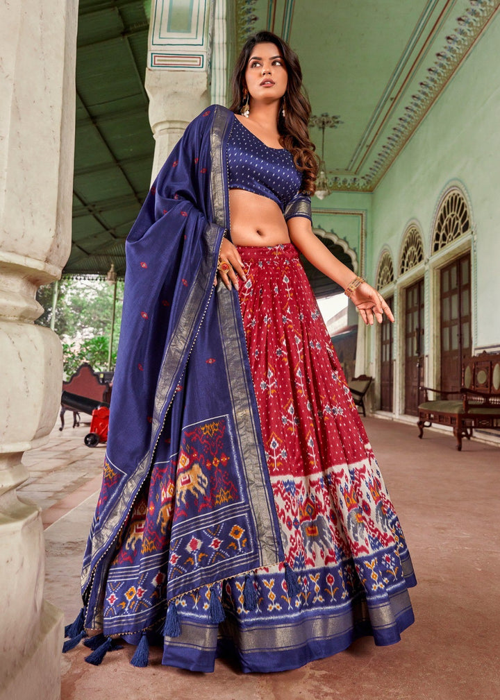 Tussar Silk Patola Print With Foil Work Lehenga Choli In Red Color