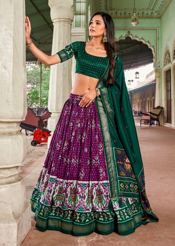 Tussar Silk Patola Print With Foil Work Lehenga Choli In Purple Color