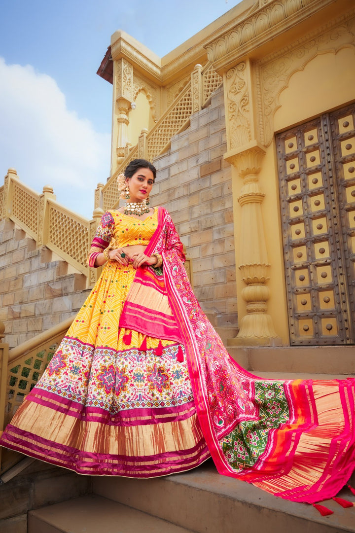 Yellow Color Digital Printed gaji Silk Lehenga