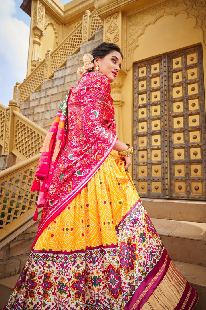 Yellow Color Digital Printed gaji Silk Lehenga