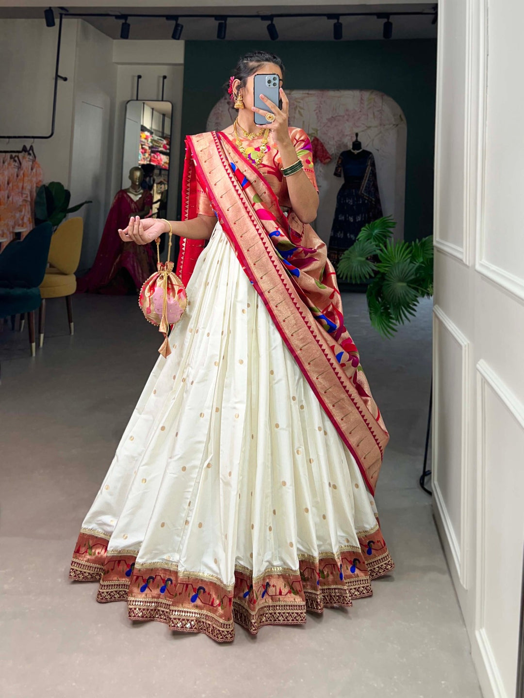 Jacquard Silk Paithani Weaving Zari Work Lehenga Choli in White Color