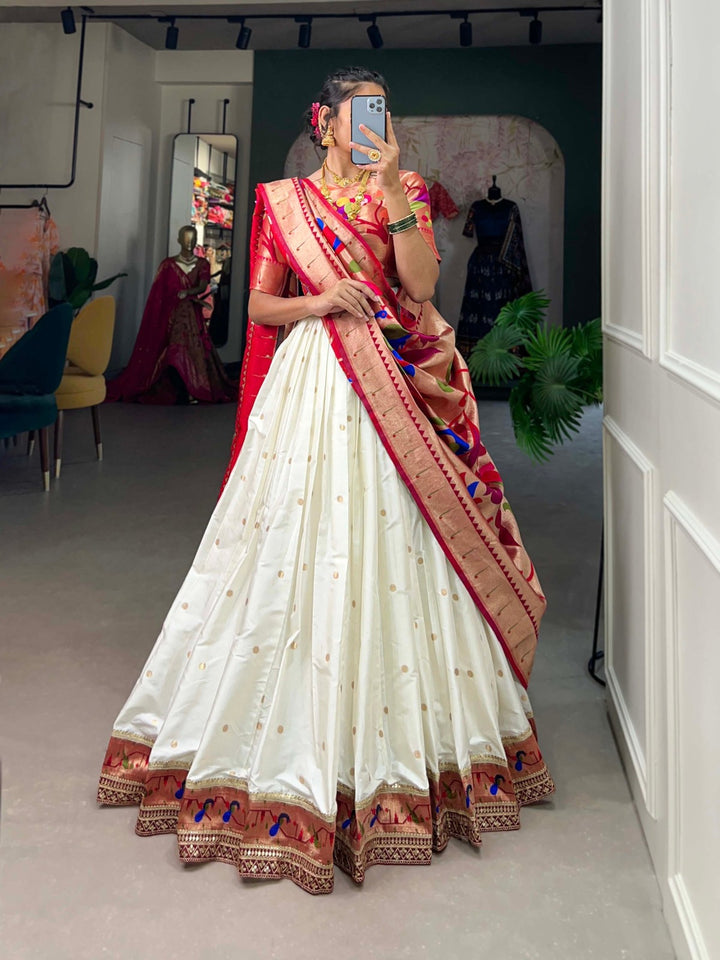 Jacquard Silk Paithani Weaving Zari Work Lehenga Choli in White Color