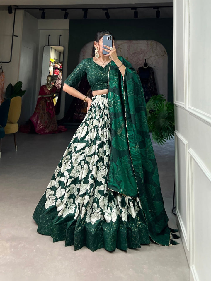 Ethnic Look with our Tussar Silk Printed Lehenga Choli In Green Color